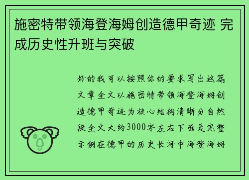 施密特带领海登海姆创造德甲奇迹 完成历史性升班与突破